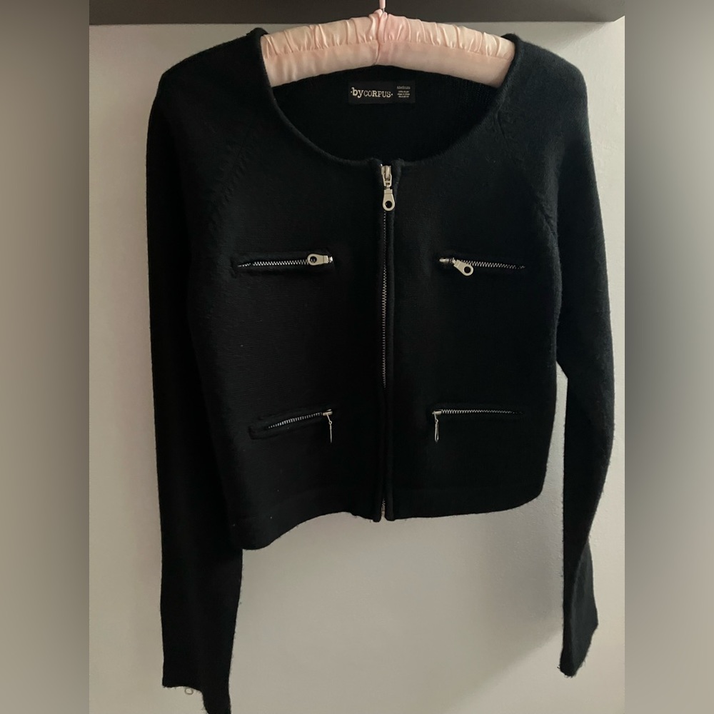 Short black knit jacket with zippers By Corpus from Urban Outfitters
